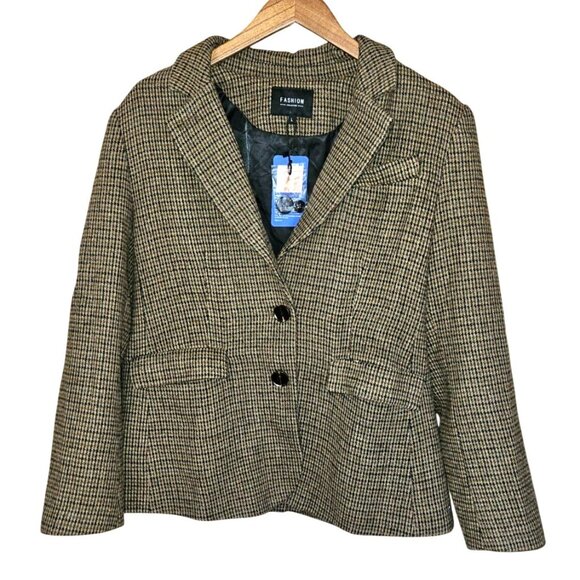 Chocolate Brown Wool Blend Tweed Houndstooth Blazer Jacket Suede Elbow Patches L - Picture 2 of 12